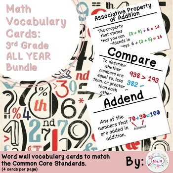 Preview of 3rd Grade Math Vocabulary Cards: All Year Bundle