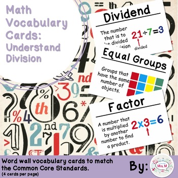 Preview of 3rd Grade Math Vocabulary Cards: Understand Division