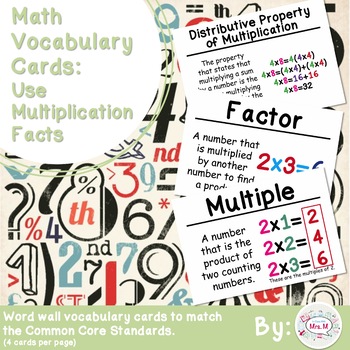 Preview of 3rd Grade Math Vocabulary Cards: Use Multiplication Facts