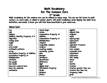 3rd Grade Math Vocabulary Word Wall Movie Theme by Math ...