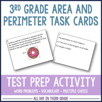 Preview of 3rd Grade Math Vocabulary and Word Problems Task Cards | Area and Perimeter