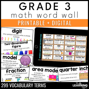 Preview of 3rd Grade Math Word Wall | Printable Vocabulary Cards and Digital Google Slides