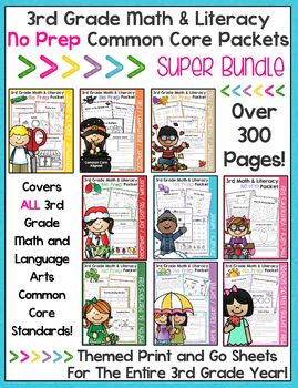 Preview of Third Grade Math and Literacy No Prep Common Core Super Bundle