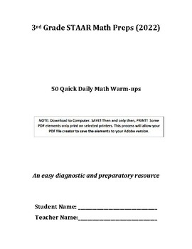 Preview of 3rd Grade Mathematics STAAR Warm-ups - 2022 (FREE)