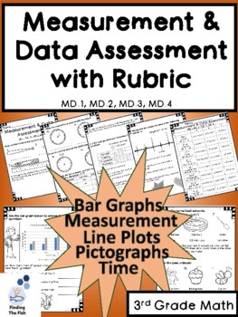 Preview of 3rd Grade MD Assessment with Rubric: Graphs, Time, Measurement, Volume, Mass