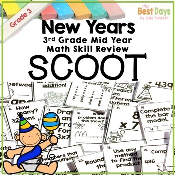 Preview of 3rd Grade Mid Year Math Review Scoot:  New Years Themed