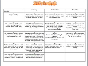 Preview of 3rd Grade Monthly Reading Log Calendar September 2014