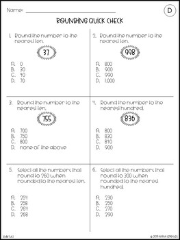 3rd grade multiple choice rounding quick check worksheets answer keys