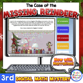 Preview of 3rd Grade Narrated Digital Missing Reindeer Math Mystery Distance Learning