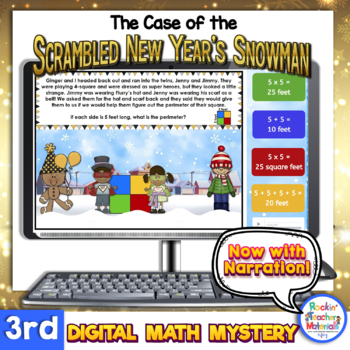Preview of 3rd Grade Narrated Digital New Year's Snowman Math Mystery Distance Learning