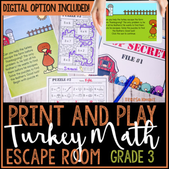 Preview of 3rd Grade November Turkey Thanksgiving Math Escape Room Breakout Activity