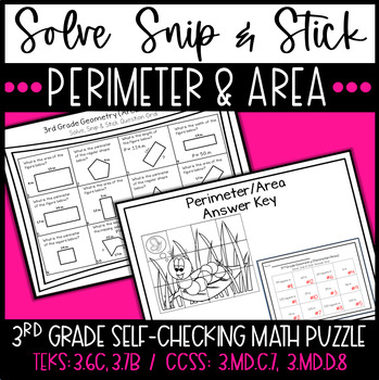 Preview of 3rd Grade Perimeter & Area Solve, Snip & Stick Math Puzzle / TEKS; 3.6C, 3.7B