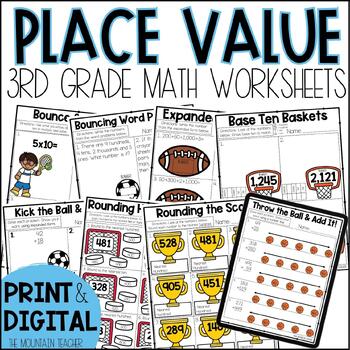 Preview of 3rd Grade Place Value Worksheets, 3 Digit Addition and Subtraction and Rounding