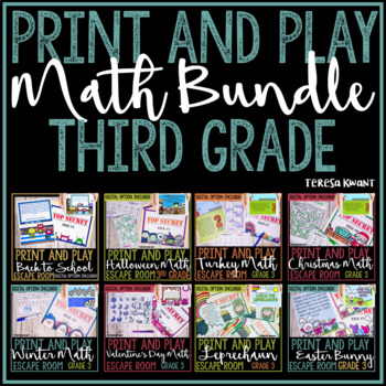 Preview of 3rd Grade Print and Play Math Escape Room Breakout Activities Bundle