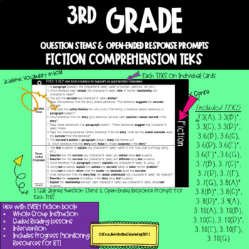 Preview of 3rd Grade Question Stems & Open Ended Response Prompts FICTION TEKS