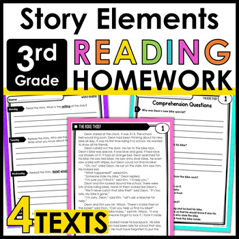Preview of 3rd Grade Reading Homework Review - Story Elements - Common Core Aligned
