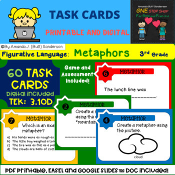 Preview of 3rd Grade Reading: TASK CARDS - Metaphors - Figurative Language - digital, print