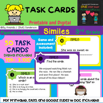 Preview of 3rd Grade Reading - TASK CARDS:  Similes, figurative language, Digital, PDF