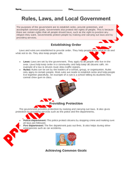 Preview of 3rd Grade Rules and Government Services Assessment/Handouts