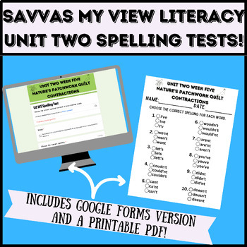 Preview of 3rd Grade SAVVAS My View Unit 2 Spelling Tests Printable PDF and Google Forms