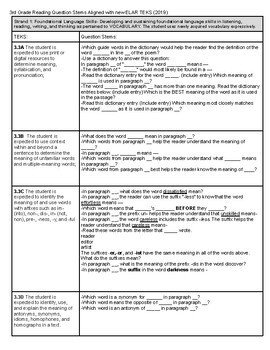 Preview of 3rd Grade STAAR Reading Question Stems aligned with TEKS