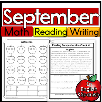 Preview of 3rd Grade September Reading Math and Writing Worksheets in English & Spanish