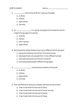Preview of 3rd Grade Social Studies Quiz Unit 2 Lesson 1- Cultures