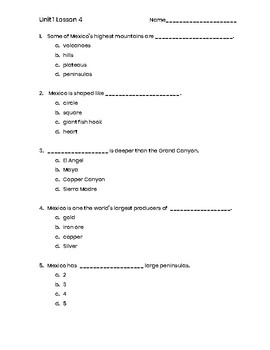 Preview of 3rd Grade Social Studies Unit 1 Lesson 4 Quiz - Mexico