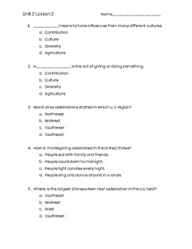Preview of 3rd Grade Social Studies Unit 2 Lesson 2 Quiz-United States Culture
