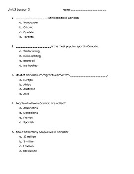 Preview of 3rd Grade Social Studies Unit 2 Lesson 3 Quiz- Culture of Canada