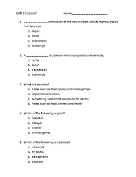 Preview of 3rd Grade Social Studies Unit 3 Lesson 1 Quiz- Economics (Buyers and Sellers)