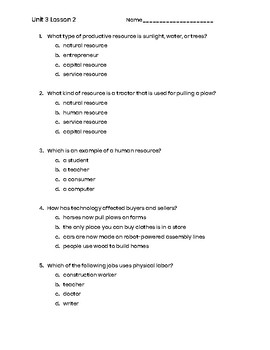 Preview of 3rd Grade Social Studies Unit 3 Lesson 2 Quiz- Economics -Productive Resources