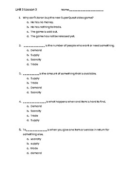 Preview of 3rd Grade Social Studies Unit 3 Lesson 3 Quiz - Economics- Supply/Demand