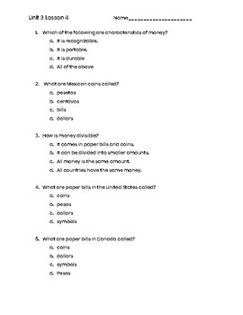 Preview of 3rd Grade Social Studies Unit 3 Lesson 4 Quiz- Economics- Currency