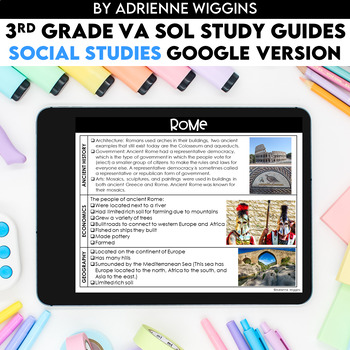 Preview of 3rd Grade Social Studies VA SOL (Google Classroom) Study Guides