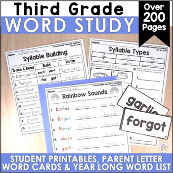 Preview of 3rd Grade Word Study Printables, Word Cards & MORE - editable Yearlong Spelling