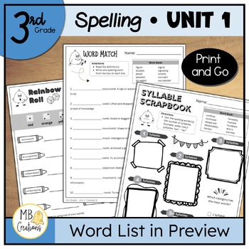 Preview of 3rd Grade Spelling Word Practice Worksheets for iReady Magnetic Reading Unit 1