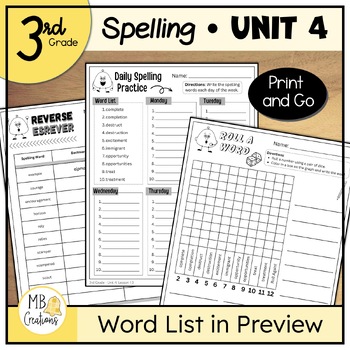 Preview of 3rd Grade Spelling Word Practice Worksheets for iReady Magnetic Reading Unit 4