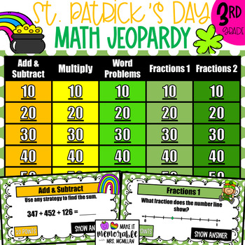 Preview of 3rd Grade St. Patrick's Day Math Jeopardy Review Game [EDITABLE]