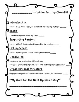 3rd Grade Student Friendly Opinion Checklist by The Principal's Corner