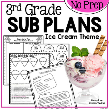 Preview of 3rd Grade Sub Plans - Ice Cream Theme Activities for Emergency Substitute