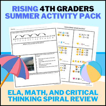 Preview of 3rd Grade Summer Review Pack ELA, Math, Critical Thinking Rising Fourth Graders