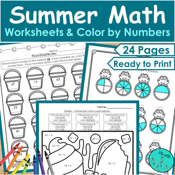 Preview of 3rd Grade Summer/End of Year Math Review Worksheets & Color by Number Activities