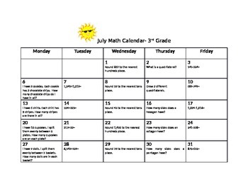Preview of 3rd Grade Summer Math Calendar