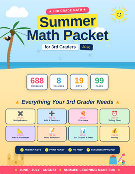 Preview of 3rd Grade Summer Math Review Packet | Summer Math Bridge+688 Math Problems