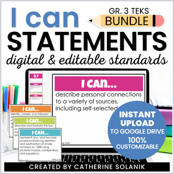 Preview of 3rd Grade TEKS I Can Statements Core Subjects Bundle Digital + Editable Slides