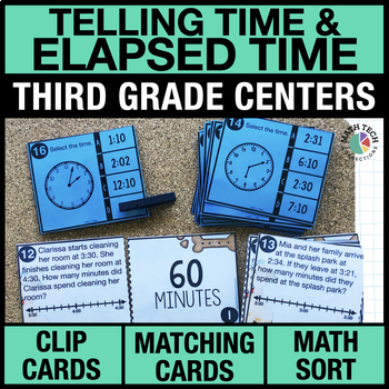 Preview of 3rd Grade Telling Time and Elapsed Time Math Games 3rd Grade Math Task Cards