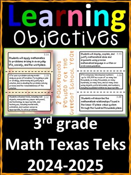 Preview of 3rd Grade Texas TEKS Math Learning Objectives Cards | Color and B&W