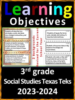 Preview of 3rd Grade Texas TEKS Social Studies Learning Objectives Cards | Color & B&W