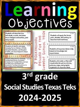 Preview of 3rd Grade Texas TEKS Social Studies Learning Objectives Cards | Color & B&W